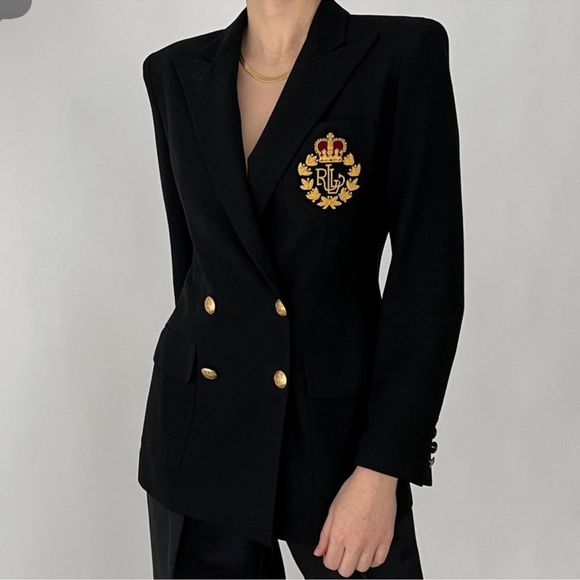 Vtg Lauren Ralph Lauren Black Wool Double Breasted Blazer Crown Crest size 12P - Picture 1 of 11
